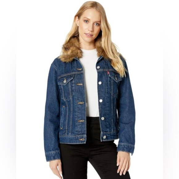 LEVI’S Ex-boyfriend Trucker Denim Jacket Faux Fur Collar Quilted Lining SMALL - Picture 1 of 16